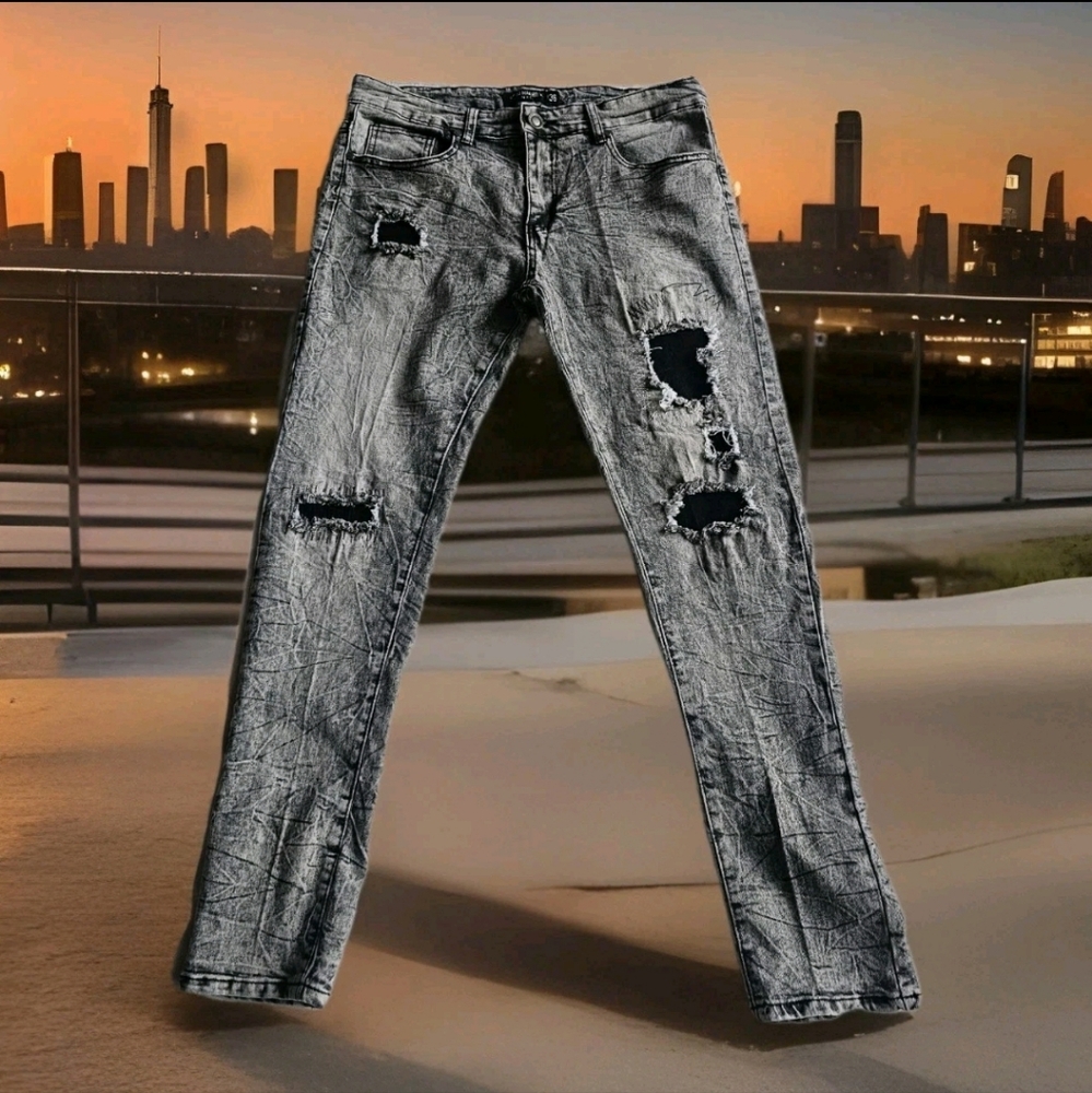 Road Narrows NYC Jeans Mens 36x30 Light Black Acid Wash Distressed Y2K EUC